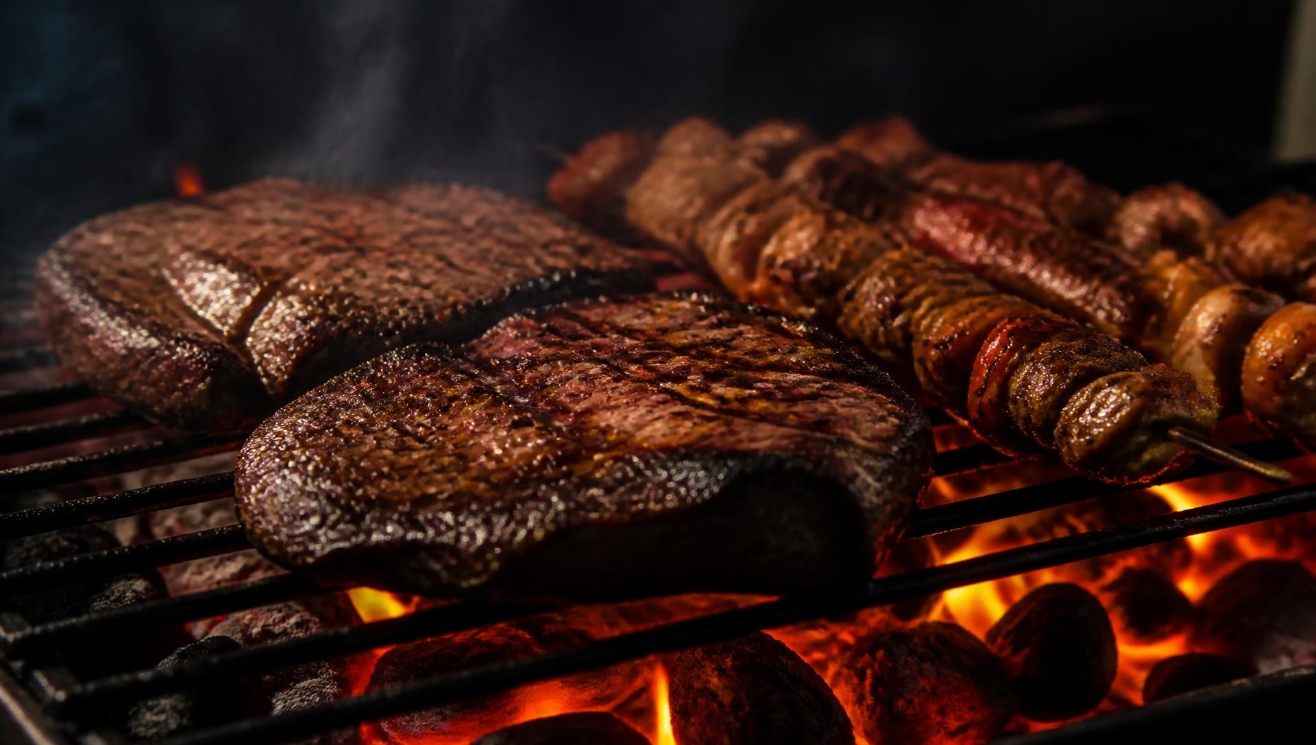 Carnes y pinchos asándose sobre brasas incandescentes
